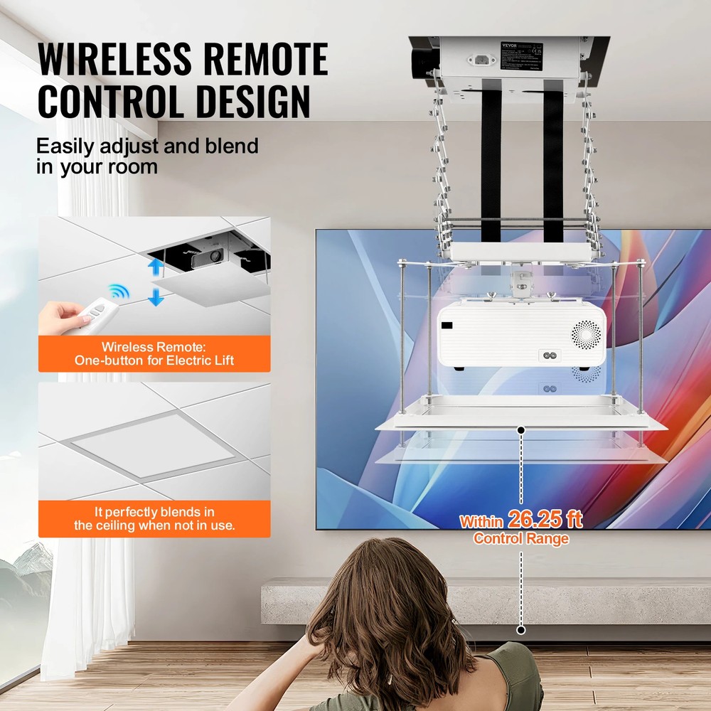 Motorized Projector Lift Hidden Projector Ceiling Mount w/ Remote &Wired Control