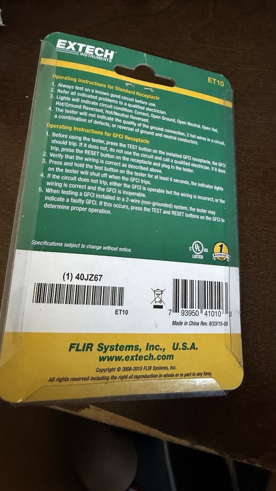 Extech Receptacle Tester with GFCI ET10