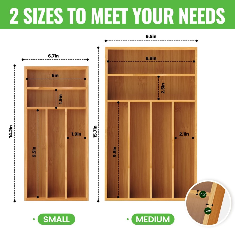 Small Silverware Organizer, Bamboo Kitchen Drawer Cutlery Small,