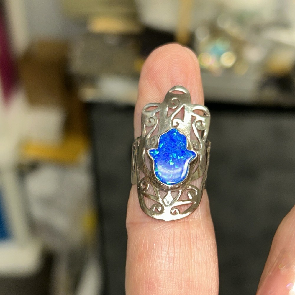 925 Sterling Australian Opal Hamsa Hand Ring Size 5