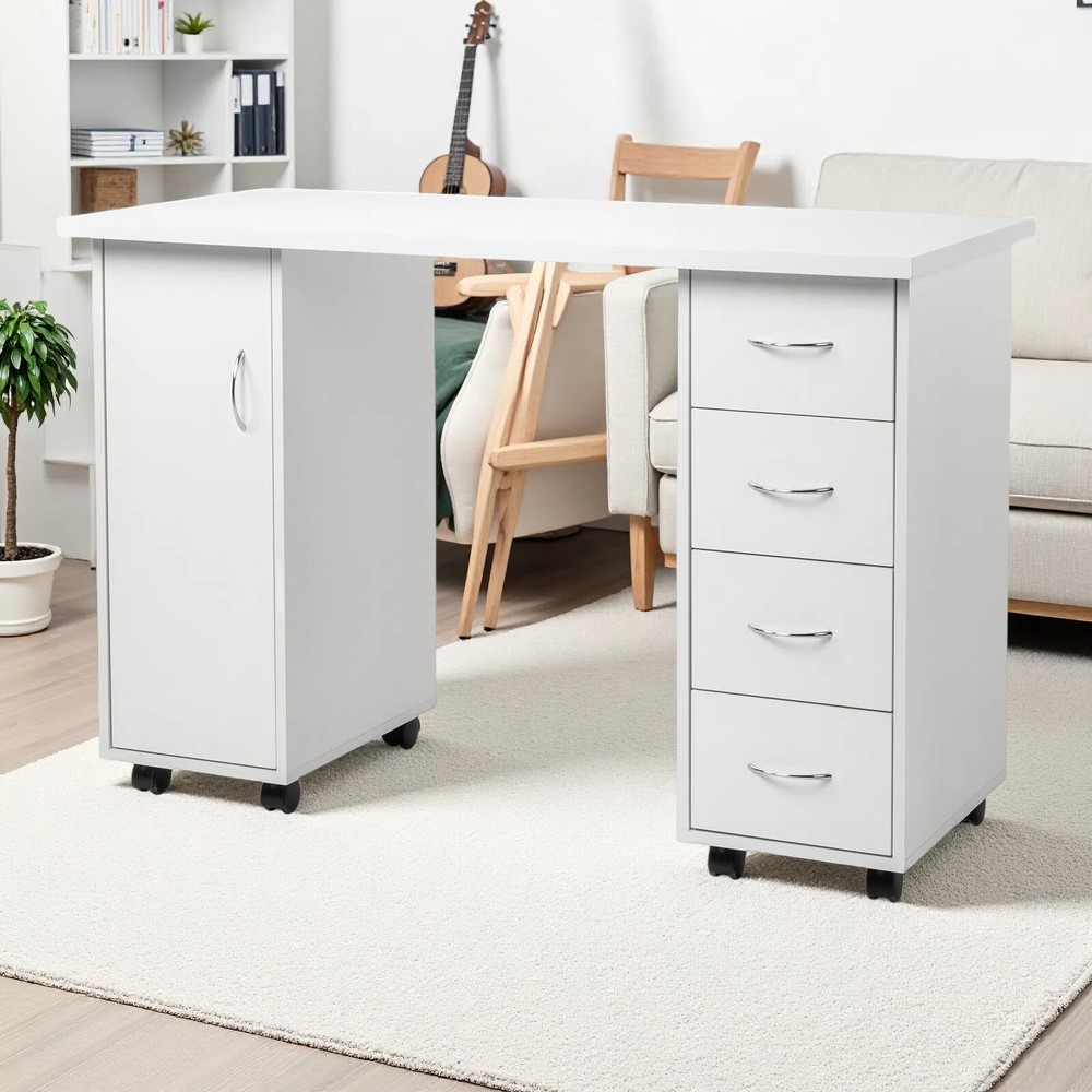 Rolling Computer Desk - White, 4-Drawer, 2 Shelves Storage & MDF ​Nail Table​