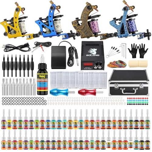 Complete tattoo kit with machines inks power supply case