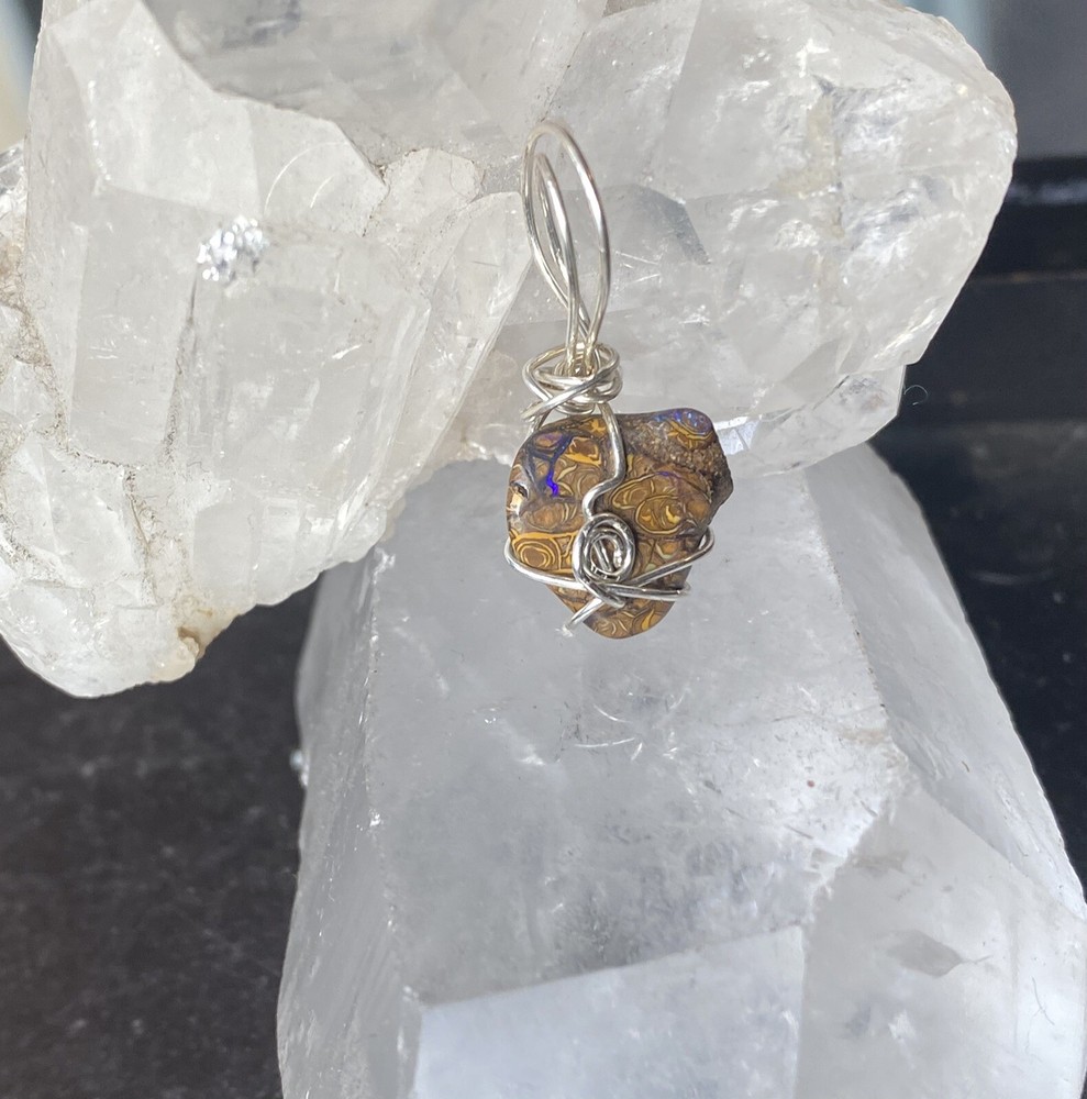 Rough Natural Boulder Opal Sterling Silver Wrap Pendant With Gorgeous Flash
