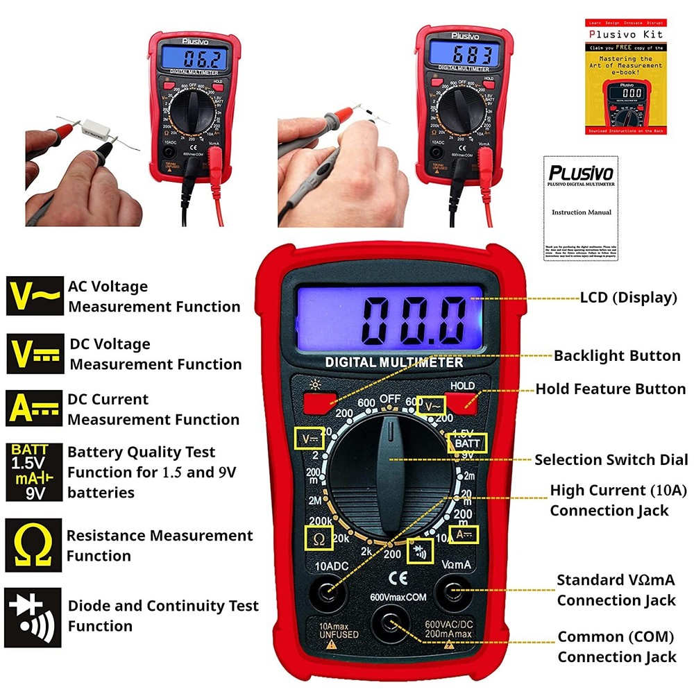 Digital Multimeter Measuring Voltage Resistance Current Continuity w/Accessories