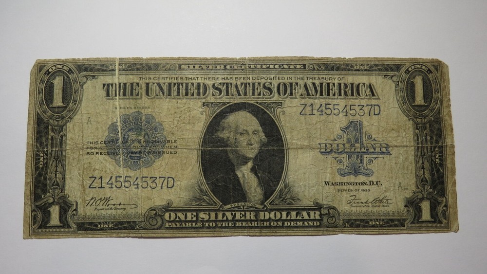 $1 1923 Silver Certificate Large Bank Note Bill Blue Seal Gutter Fold Error