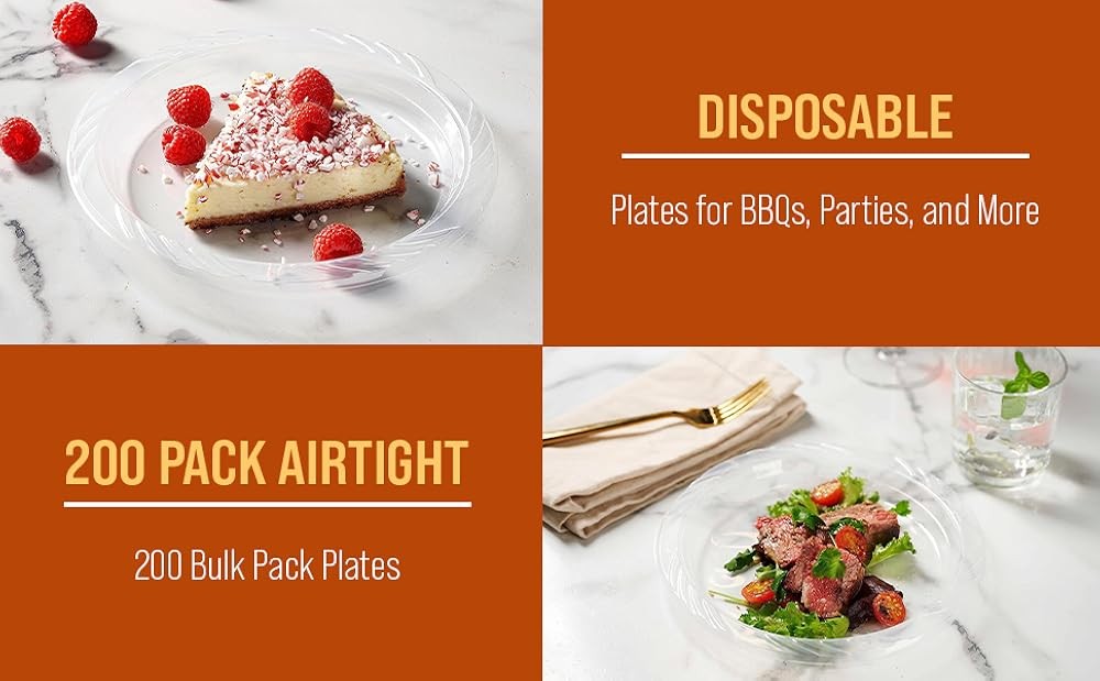 200 Clear Plastic Plates Set - 9 Inch Plastic Dinner Plates,