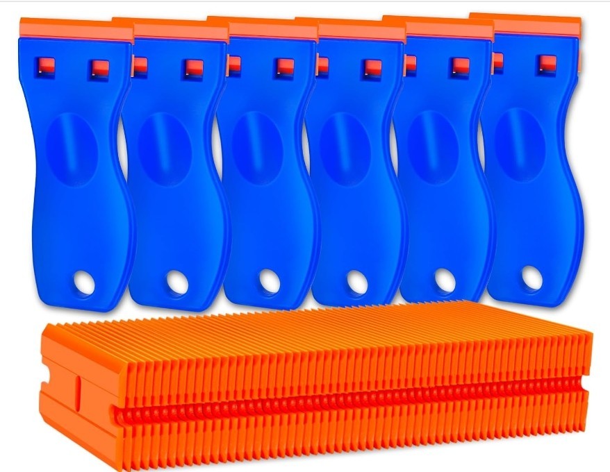 Plastic Razor Blade Scraper Set Label Removal - 6 Scrapers 60 Replacement Blades