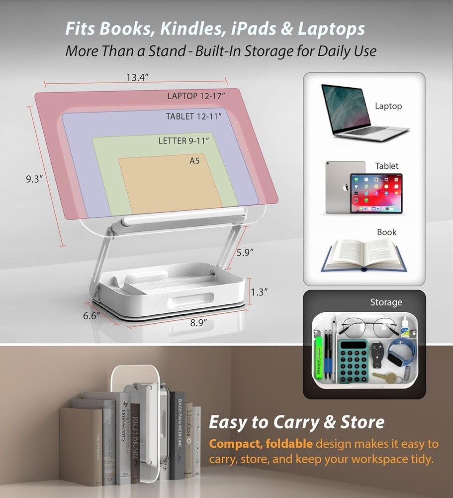 Acrylic Book Stand with Storage, 360° Rotating, Foldable Adjustable Holder with