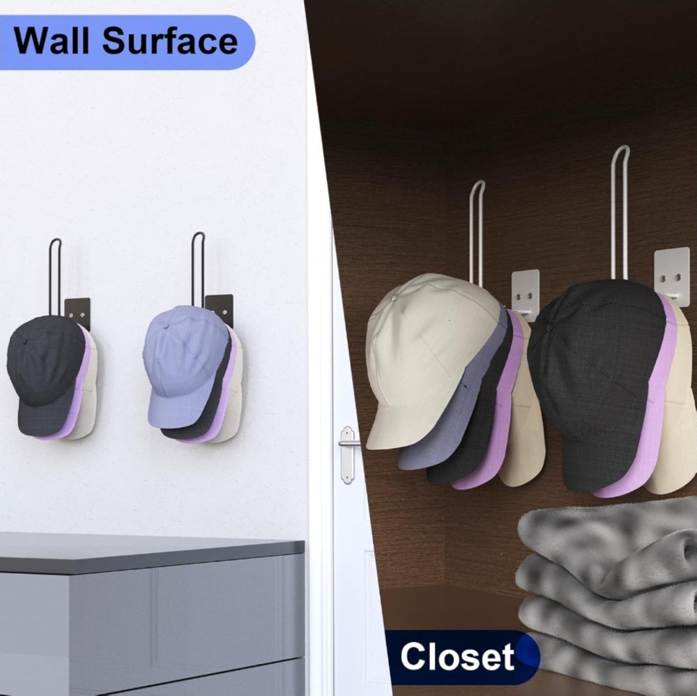 4 Pack Hat Racks Baseball Cap Hat Holder, Organizer - Strong Adhesive/Wall Drill
