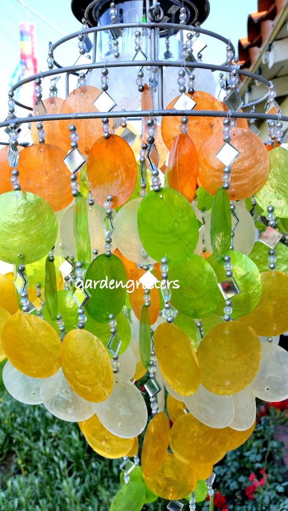 SOLAR CAPIZ SHELL WINDCHIMES/CHANDELIER MIXED PASTEL WITH SOLAR LIGHT