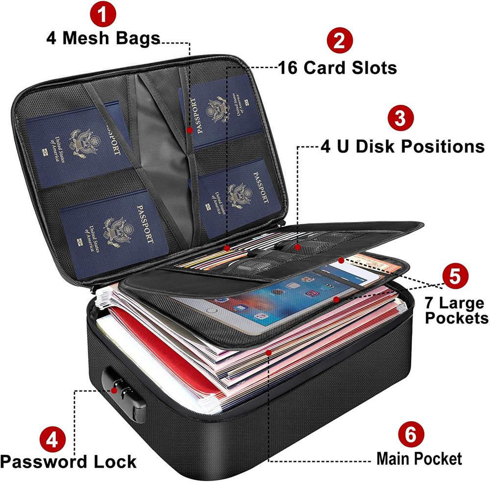 Document Bag with Lock,Fireproof 3-Layer File Storage Case with Water-Resistant