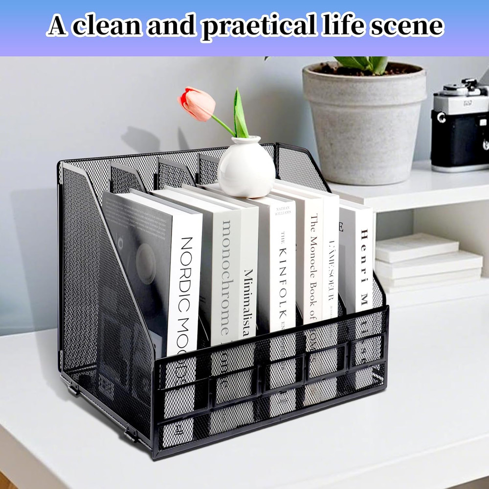 Metal Mesh File Holder, 5 Compartments Document Holder Office File Storage Rack,