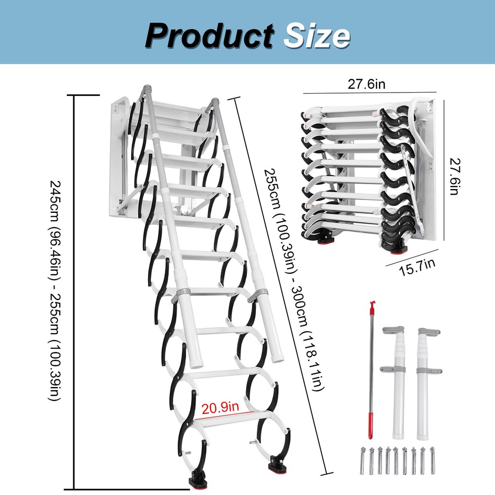 10/12 Steps Wall Mounted Folding Ladder Loft Stairs White Attic Steps Pull Down