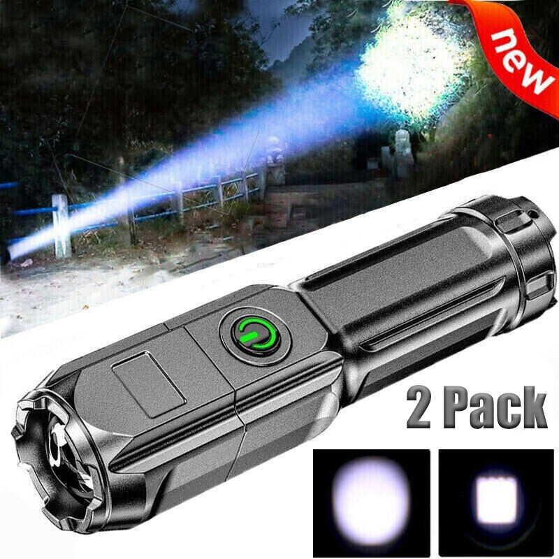2 Pieces Rechargeable LED Flashlight Tactical Super Bright Flashlight Zoomable.