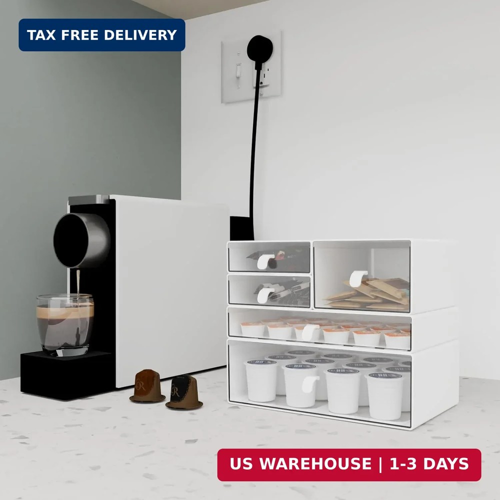 Desk Organizer Set, White & Clear Stackable Dustproof Storage Boxes for Desktop,