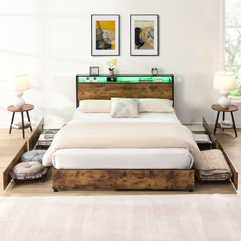 Full Size Bed Frame w/ Storage Headboard &Charging Station &LED Light