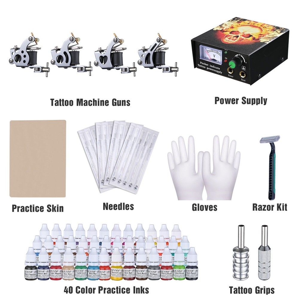 Complete Tattoo Beginner Kit 4 Machine Gun 40 Inks Needle Grip Power Supply Tip