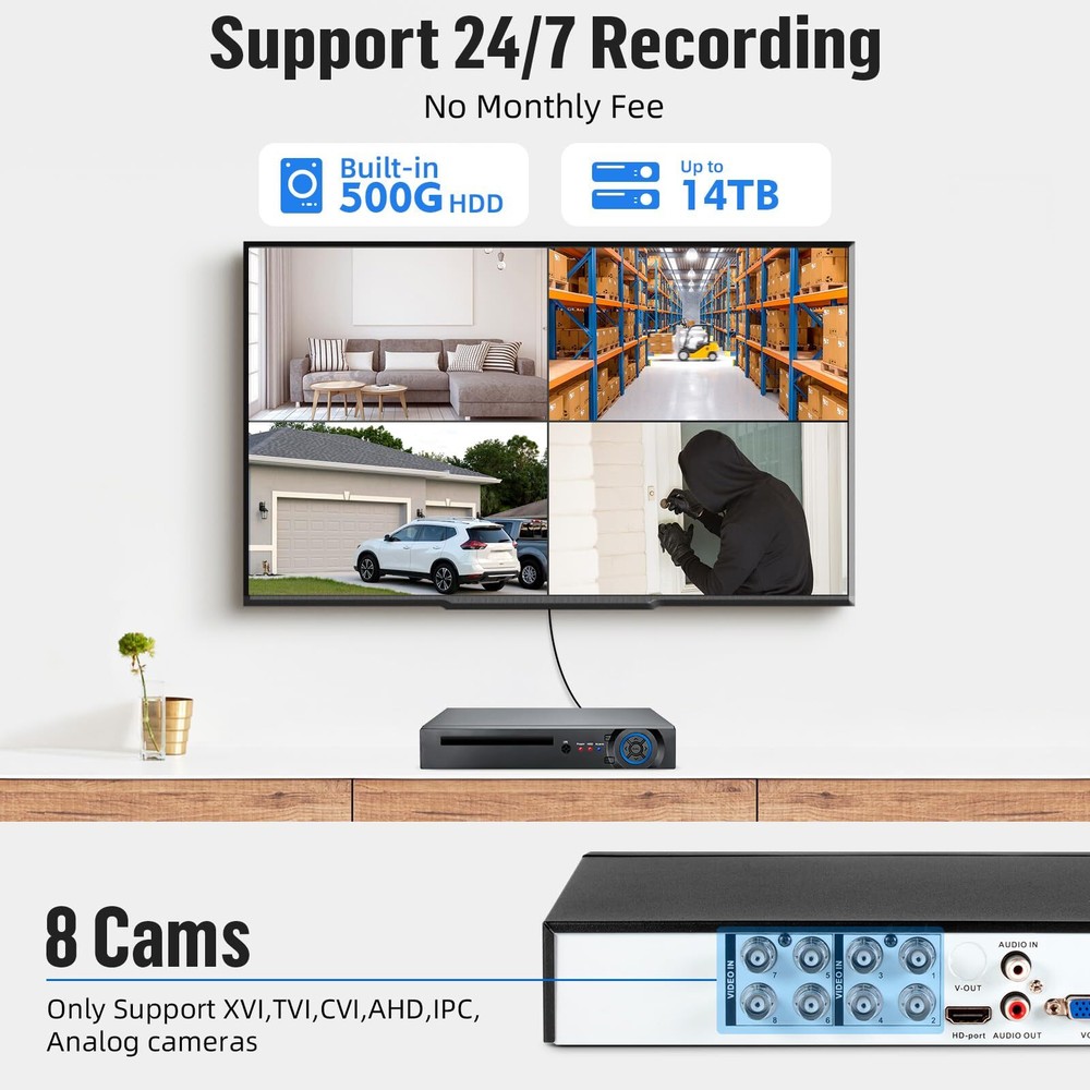 8CH H.265+ Surveillance DVR Kits Security Camera System Mobile APP & PC Remote