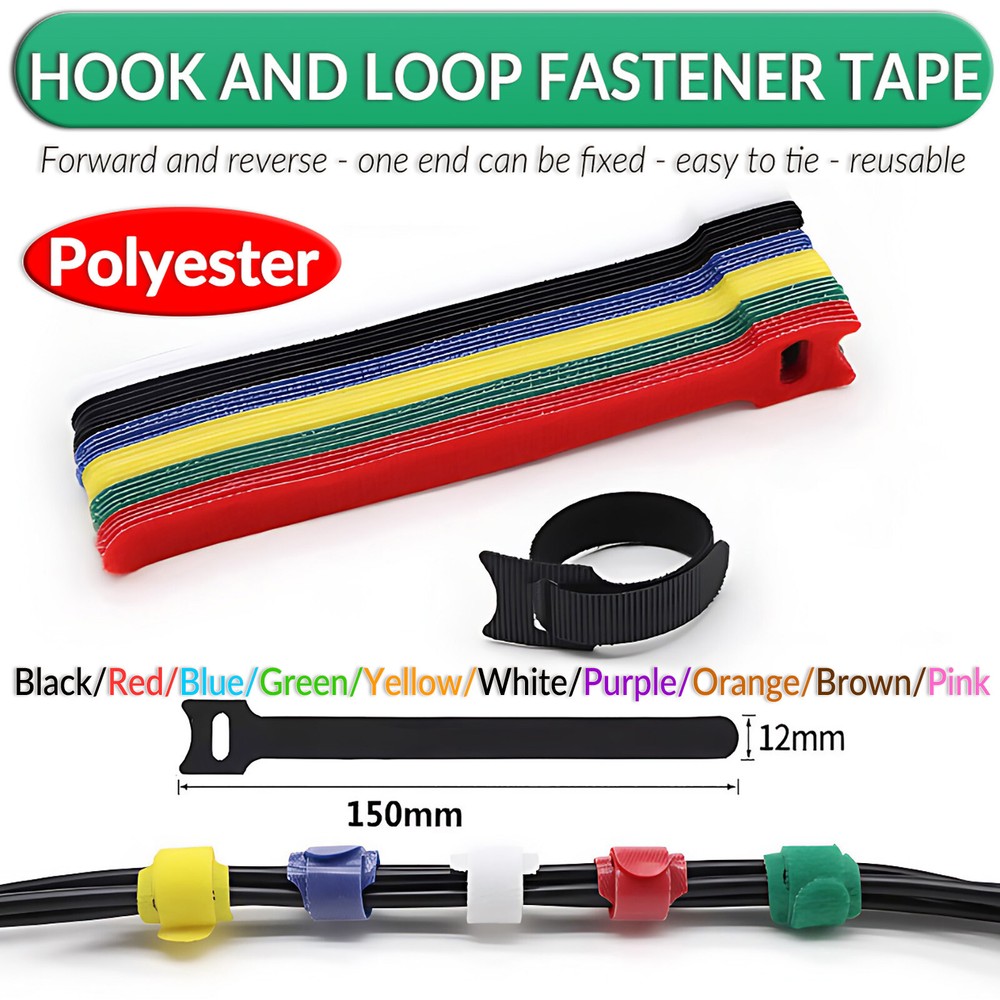 Hook and Loop Cable Ties - Tidy Strap Adjustable Releasable Reusable Wire Colour