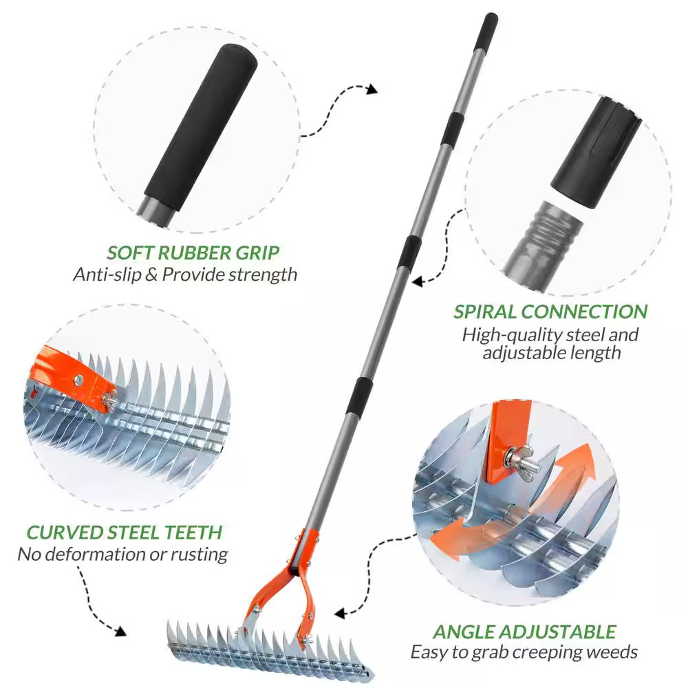 70 In. Adjustable Steel Handle Thatch Rake, 19 Tines Back Saving Lawn Thatching