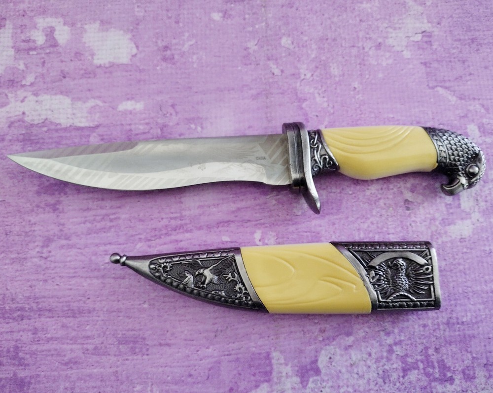 Etched Eagle Bayonet Fixed Blade Knife 6in with Sheath Box Eagle Handle Unique