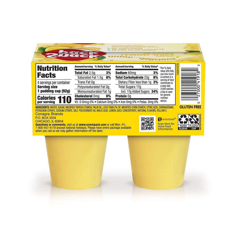 :.Snack Pack Lemon 🍋 Pudding Cups, 4 Count (12 Pack).: