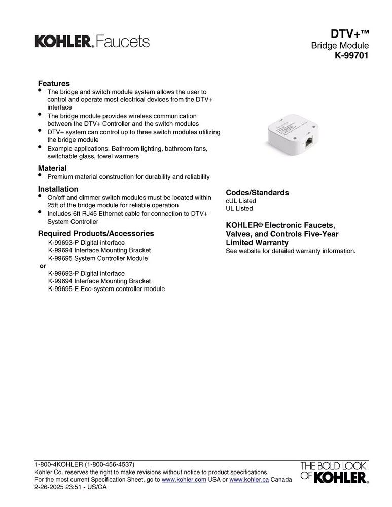 Kohler 99701-NA DTV+ Bridge Module