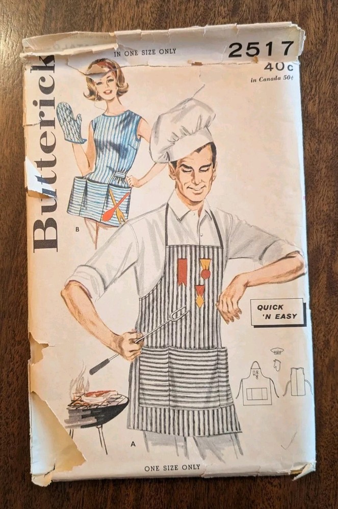 Butterick #2517 His & Hers Quick Easy Apron Pattern w Appliques Complete Cut