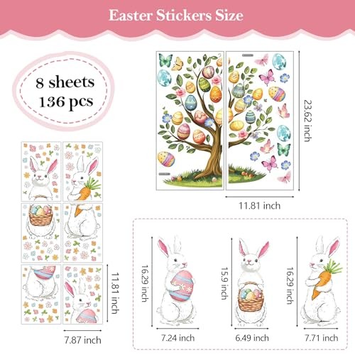 136 Pcs Easter Window Clings for Glass Windows - Double-Sided Easter 8 Sheets