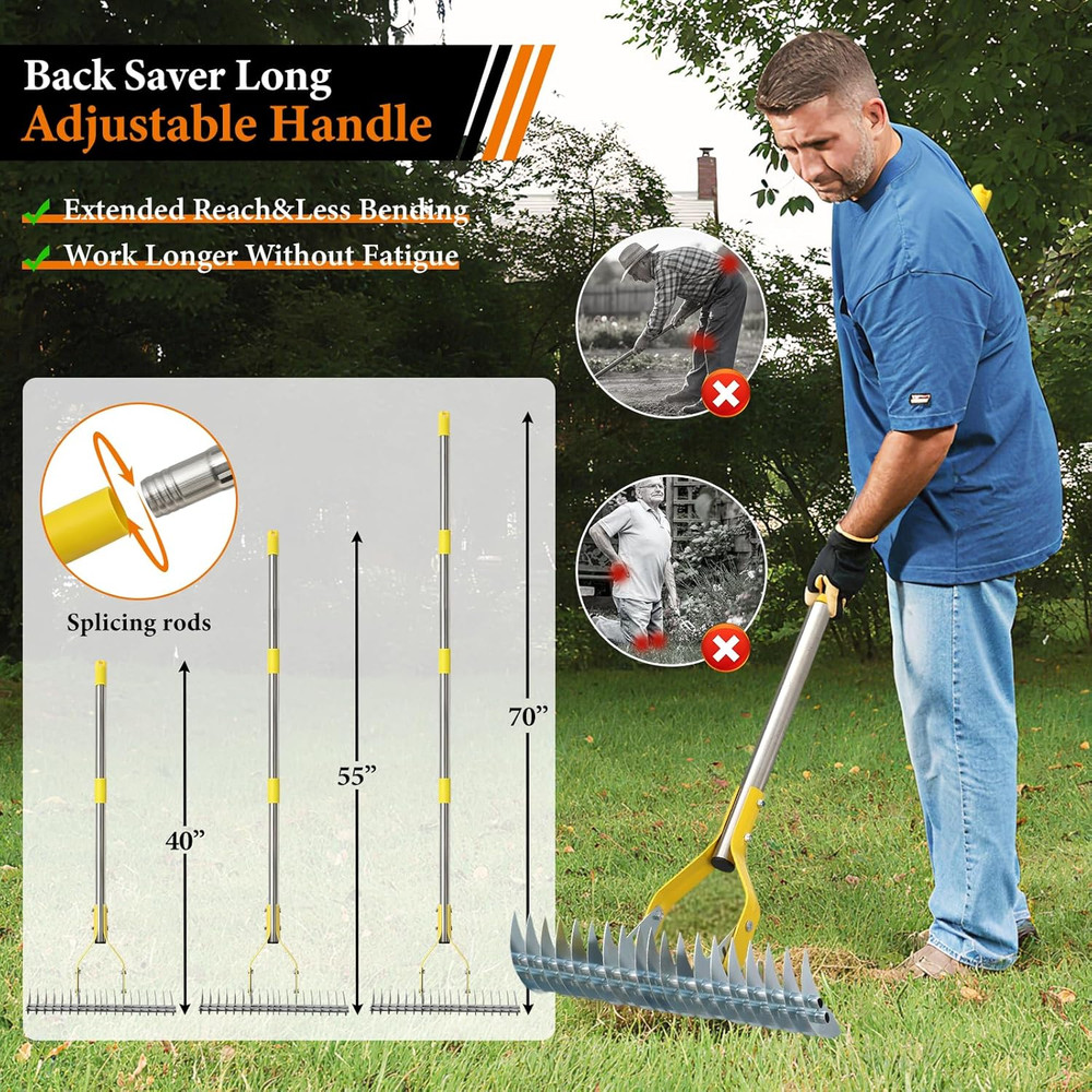 Professional Manual Thatch Rake - Heavy Duty Lawn Dethatcher with Long Handle