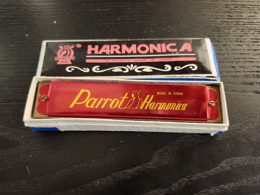 Vintage Parrot 16 Hole  Red Harmonica with Box