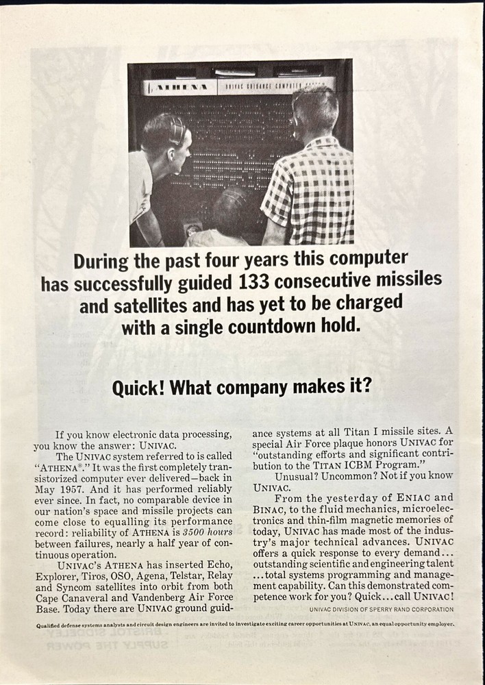 UNIVAC Athena Computer Space Program Vintage Print Ad 1963