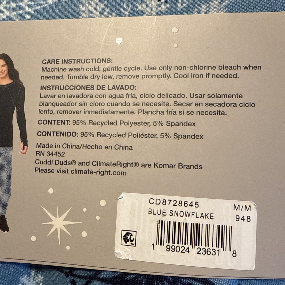 Cuddl Duds ClimateRight Base Layer Top & Legging Set BLUE 2-Piece Size M
