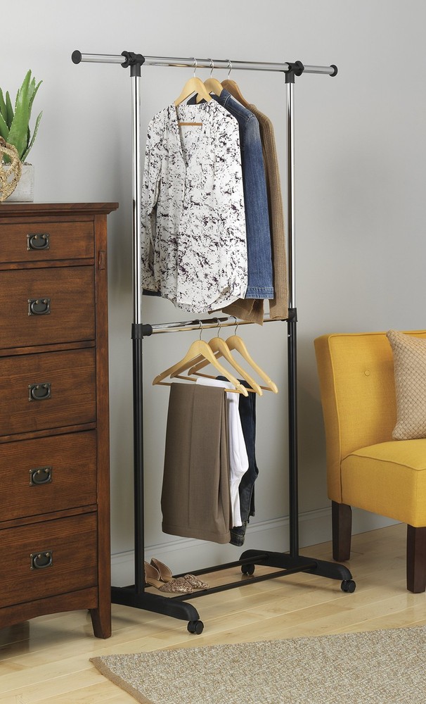 Whitmor Adjustable 2-Rod Garment Rack Rolling Clothes Organizer Black Chrome