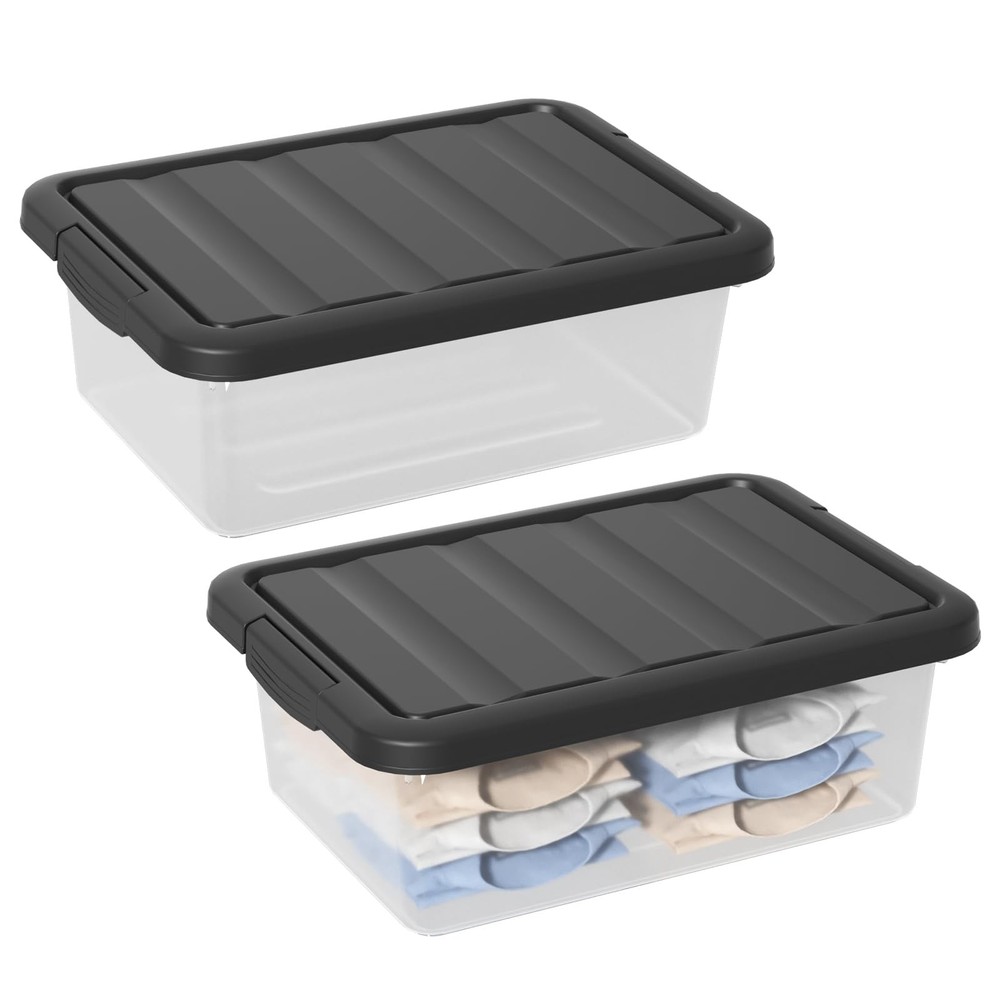14 Quart Clear Plastic Under Bed Storage Bins, Stackable Latching with Black ...