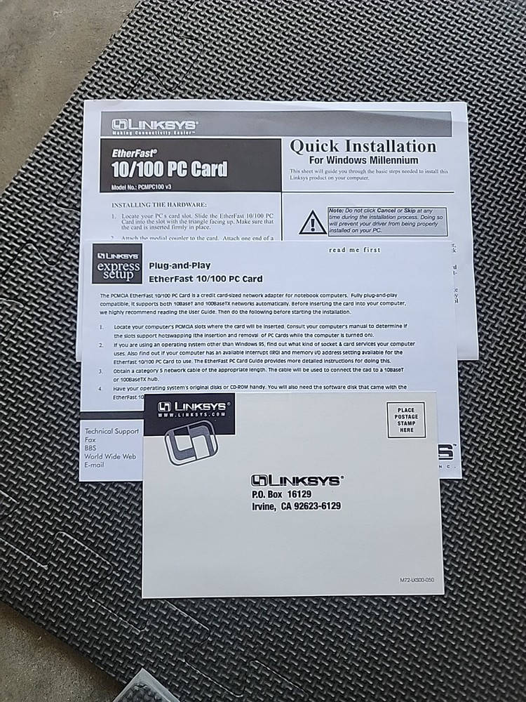 LINKSYS PCMPC100 ETHERFAST 10/100 PC CARD