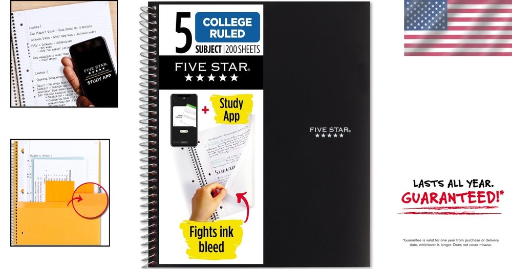 5 Subject Spiral Notebook + Study App, Ink Bleed Resistant, 200 Sheets, Black