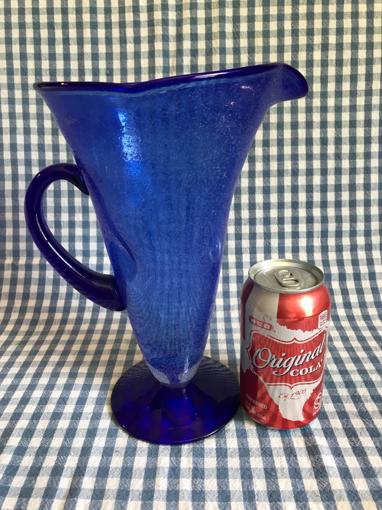 HAND BLOWN BUBBLE GLASS ~ COBALT BLUE FOOTED WATER PITCHER ~ FUSED HANDLE ~