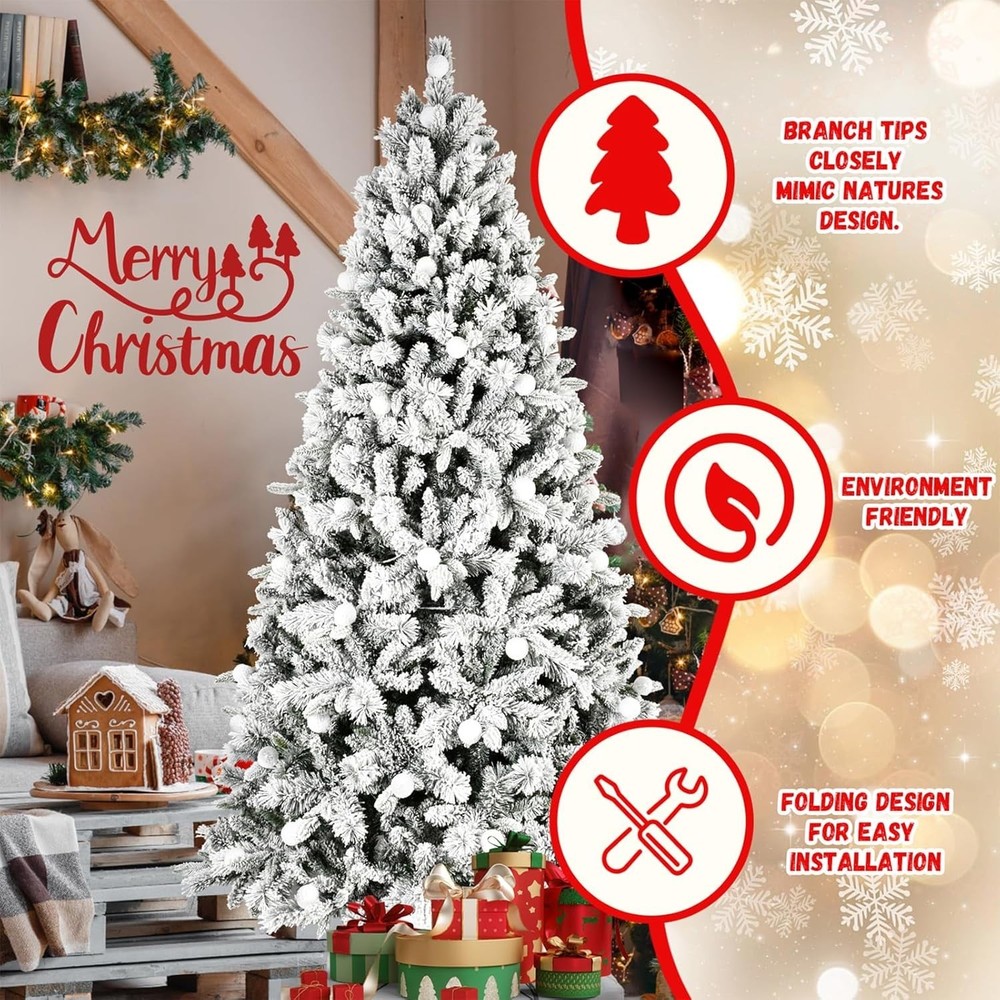 8 ft Prelit Snow Flocked Artificial Christmas Tree with White & Multicolor Light