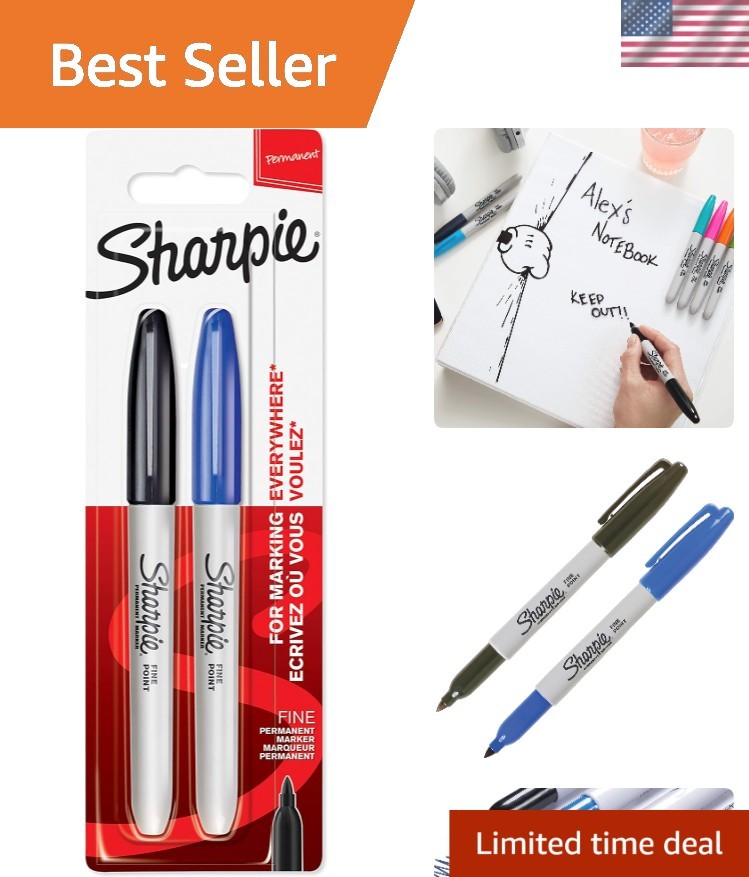 2 Count Black & Blue Fine Tip Permanent Markers for Multi-Surface Masterpieces