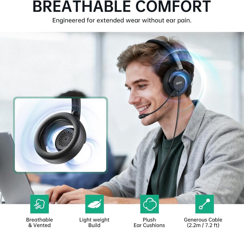 EKSA H27 USB Computer Headset with Microphone for Work, PC Headset with Noise Ca