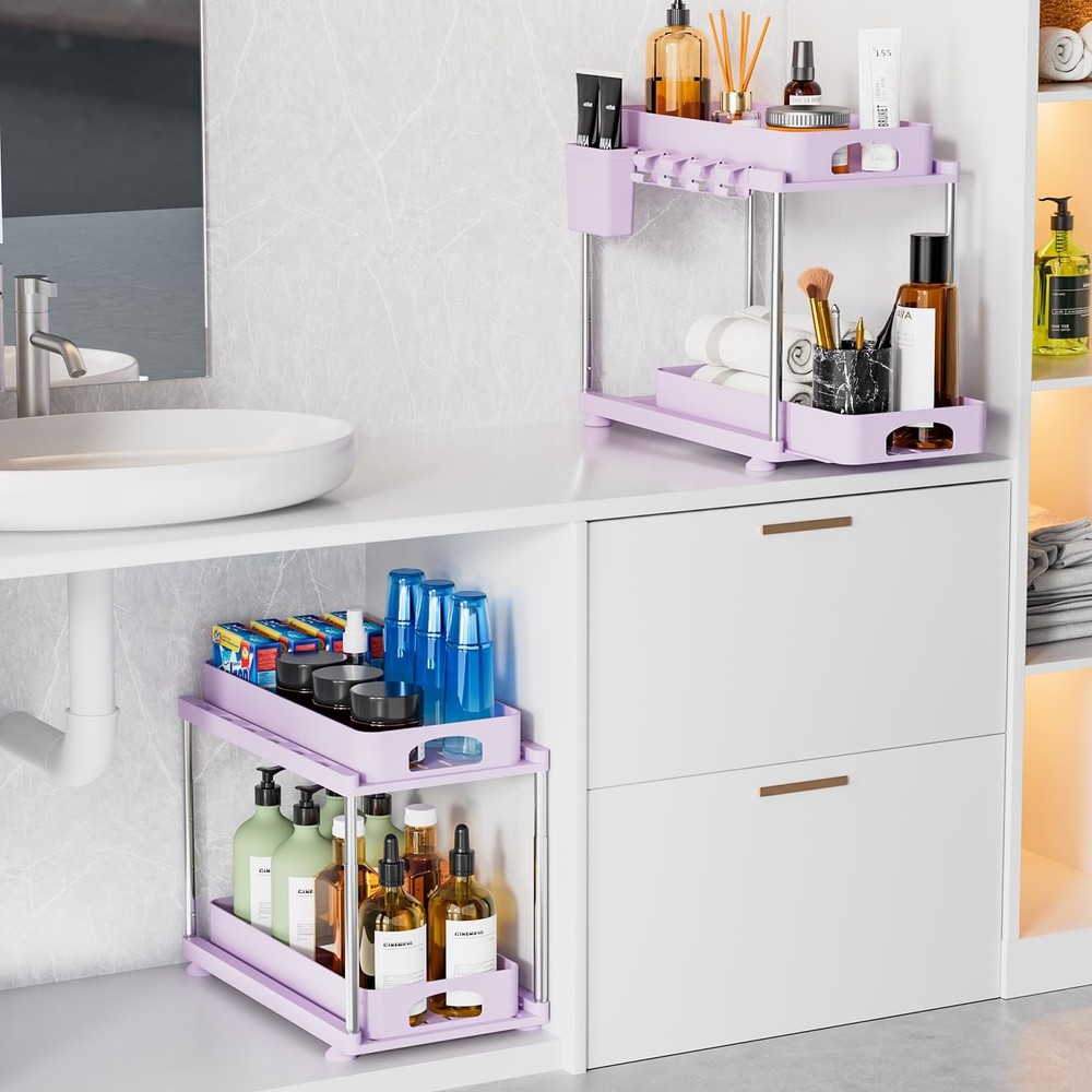 Under Sink Organizer - 2 Pack Adjustable Height, 2 Tier Organizers for Bathro...