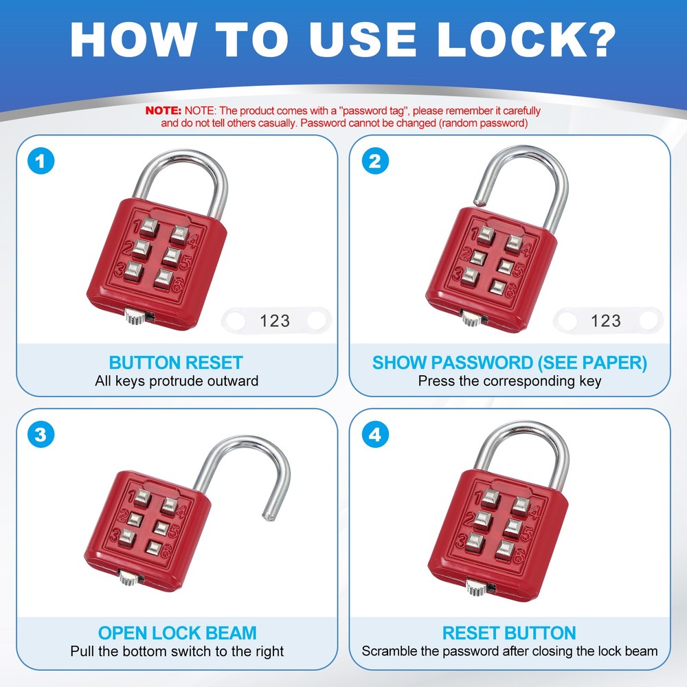 2Pcs Push Button Combination Padlock 6-Digit 3-Position Lock Sky Blue