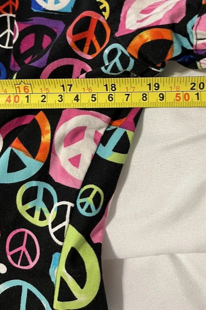 White Cross Small Scrub Top Multicolored Peace Symbol Black Cotton Pullover