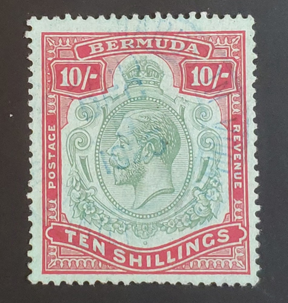 BERMUDA. GV. 1924/32. RARE ERROR! "Broken crown & scroll" on 10/- Used.