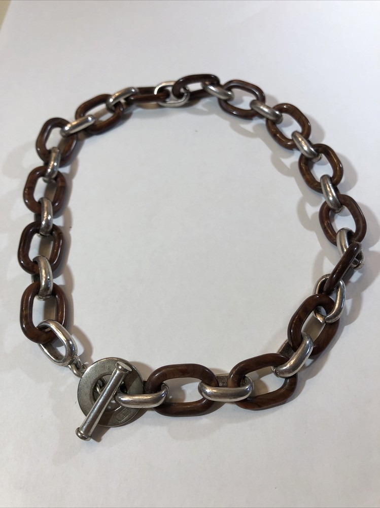 Vintage Carolee 18” Silver Tone & Chocolate Bakelite Toggle Link Chain Necklace