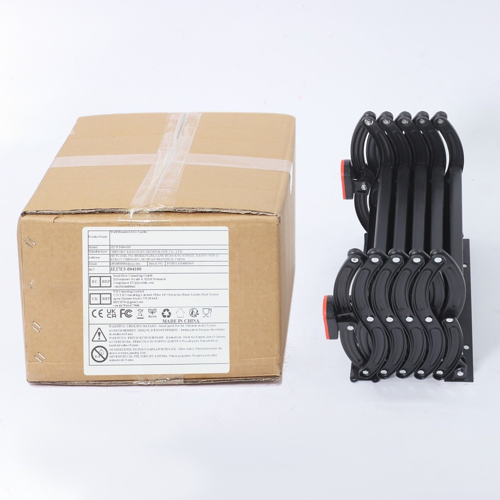 5-Step Wall Mounted Folding Ladder, Black Retractable Telescoping Step Stairs