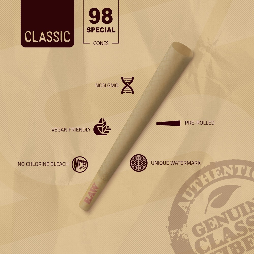 RAW Cones 98 Special | Classic 100 Pack | Slow Burning Rolling Paper with Tips
