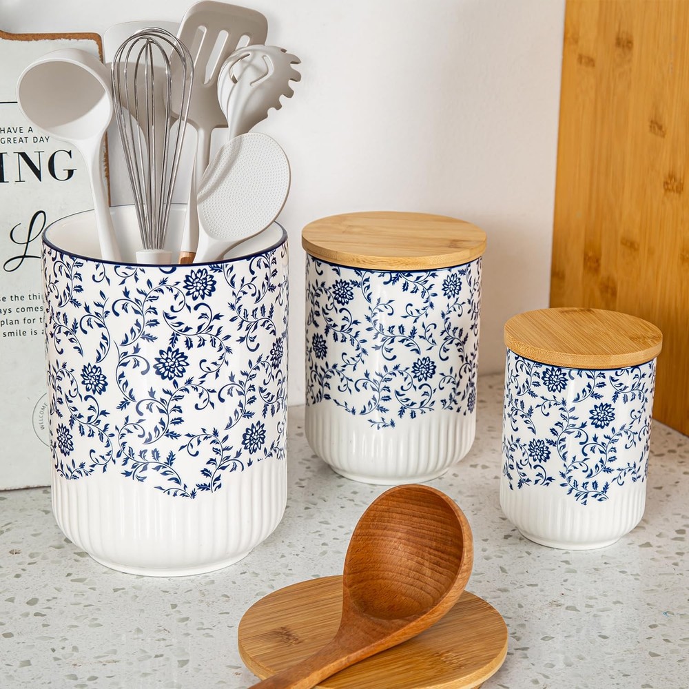 Canisters Sets for Kitchen - Ceramic Kitchen Blue (74oz + 36oz + 18oz)
