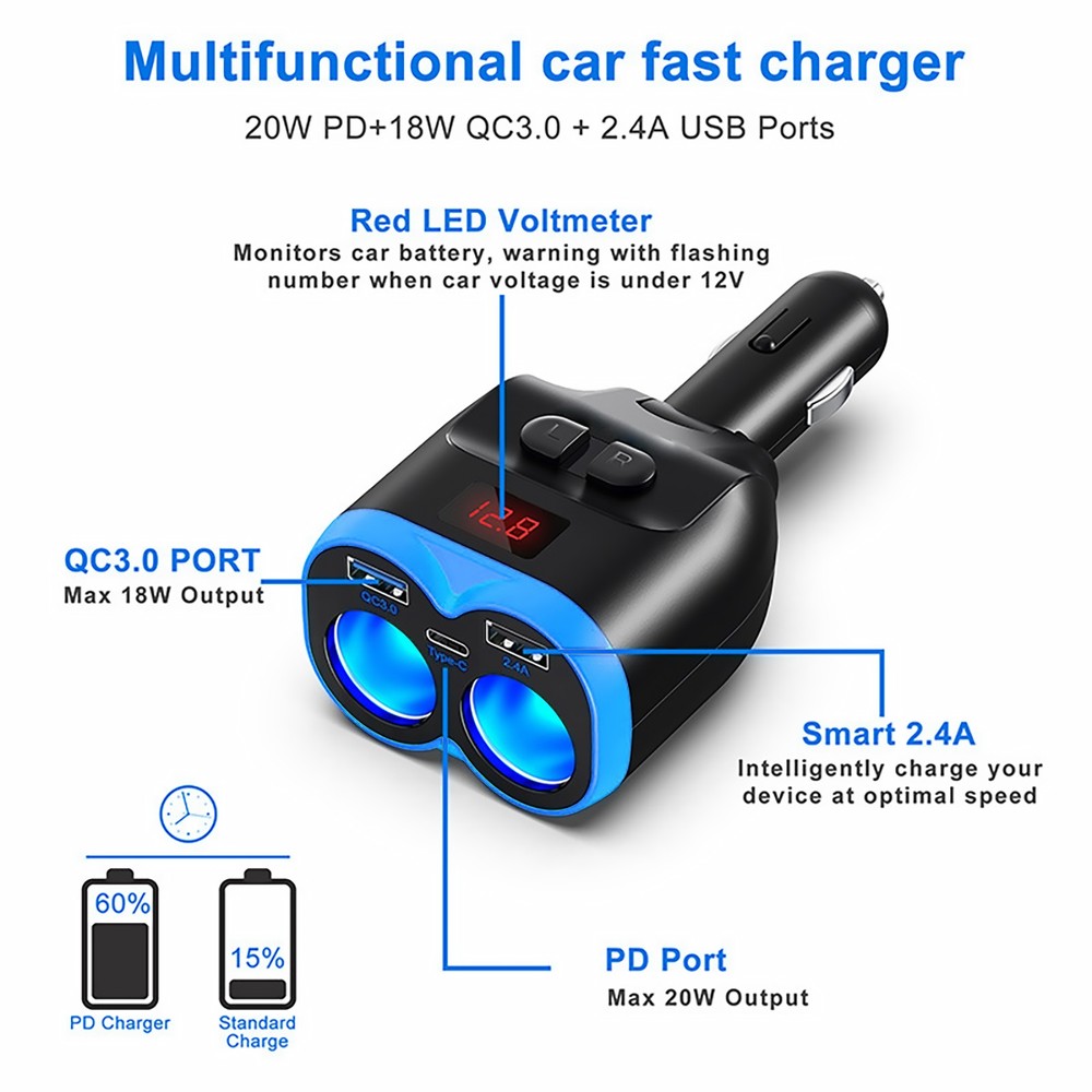 Smart Dual USB Charger Power Adapter Car LCD Cigarette Lighter Socket Splitter